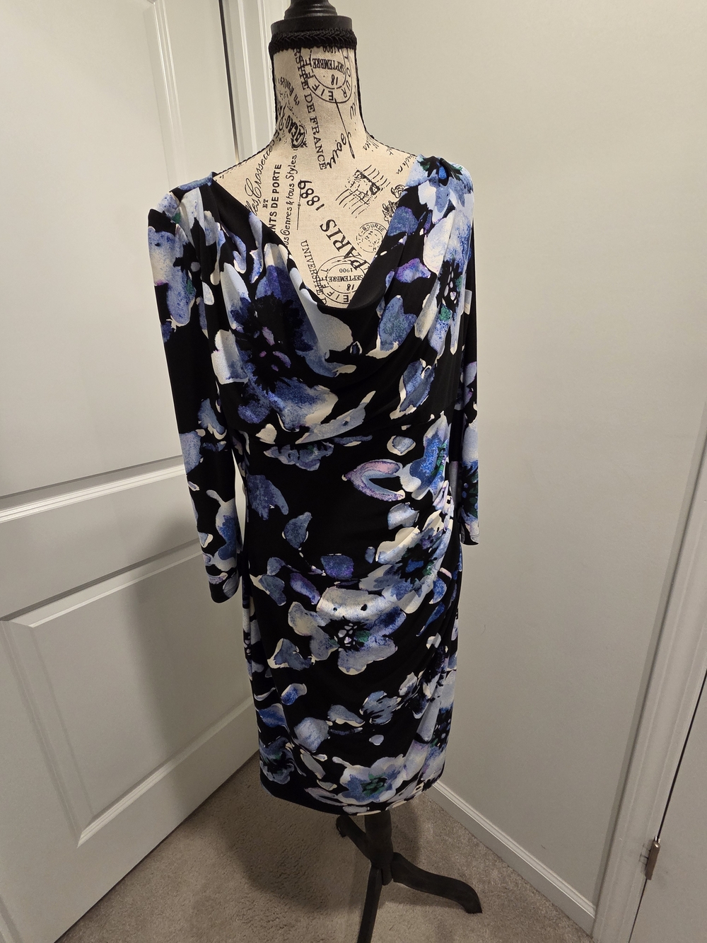 Ralph Lauren Black Midi Dress with Blue & White Floral Print